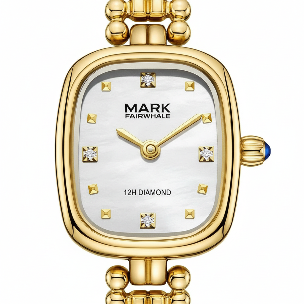 Gold watch with diamond accents on a white background