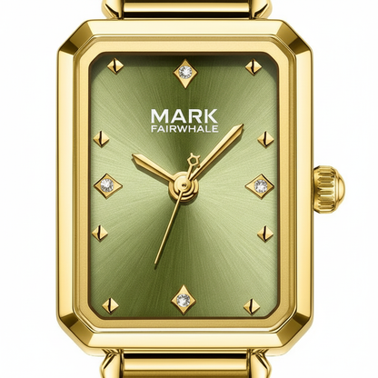 Gold watch with green face and diamond accents on a white background