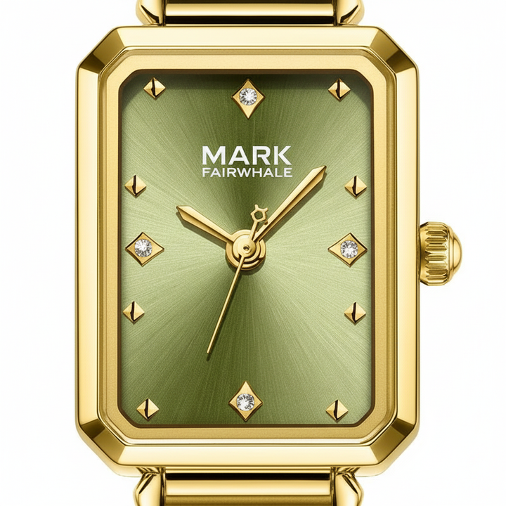Gold watch with green face and diamond accents on a white background