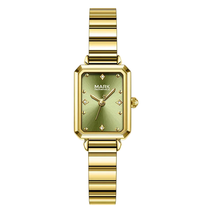 Gold watch with green face on a white background