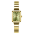 Gold watch with green face on a white background