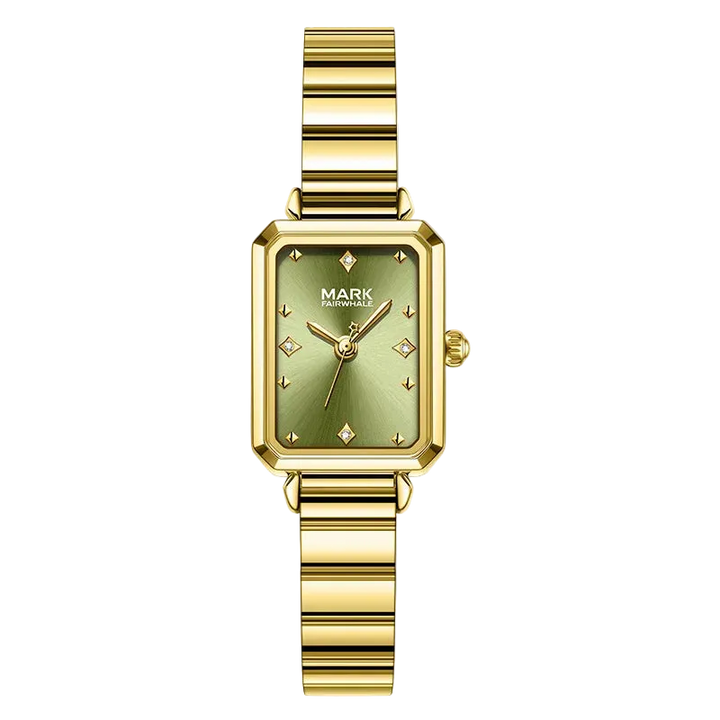 Gold watch with green face on a white background