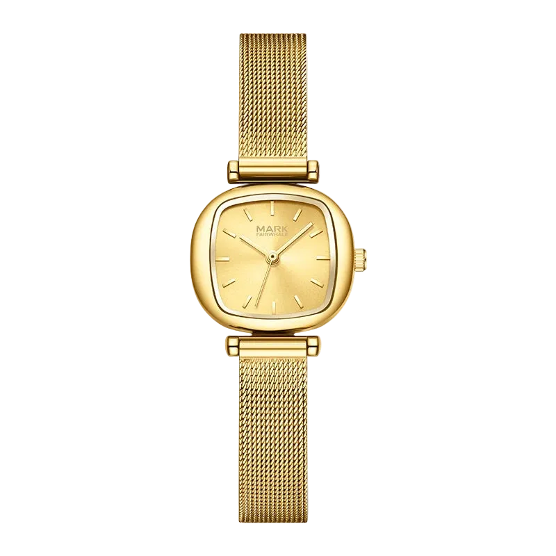 Gold watch with mesh band on a white background
