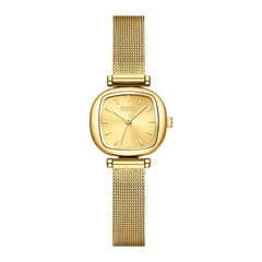 Gold watch with mesh band on a white background