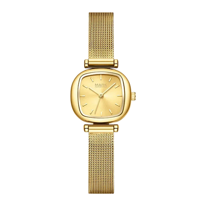 Gold watch with mesh band on a white background