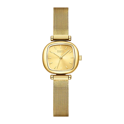 Gold watch with mesh band on a white background