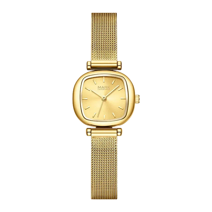 Gold watch with mesh band on a white background