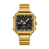 Gold wristwatch with a black face on a white background
