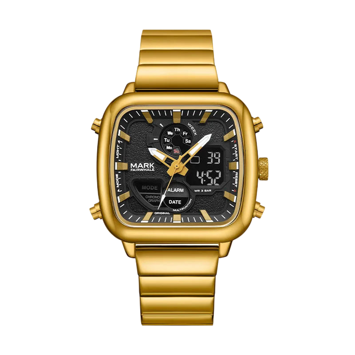 Gold wristwatch with a black face on a white background