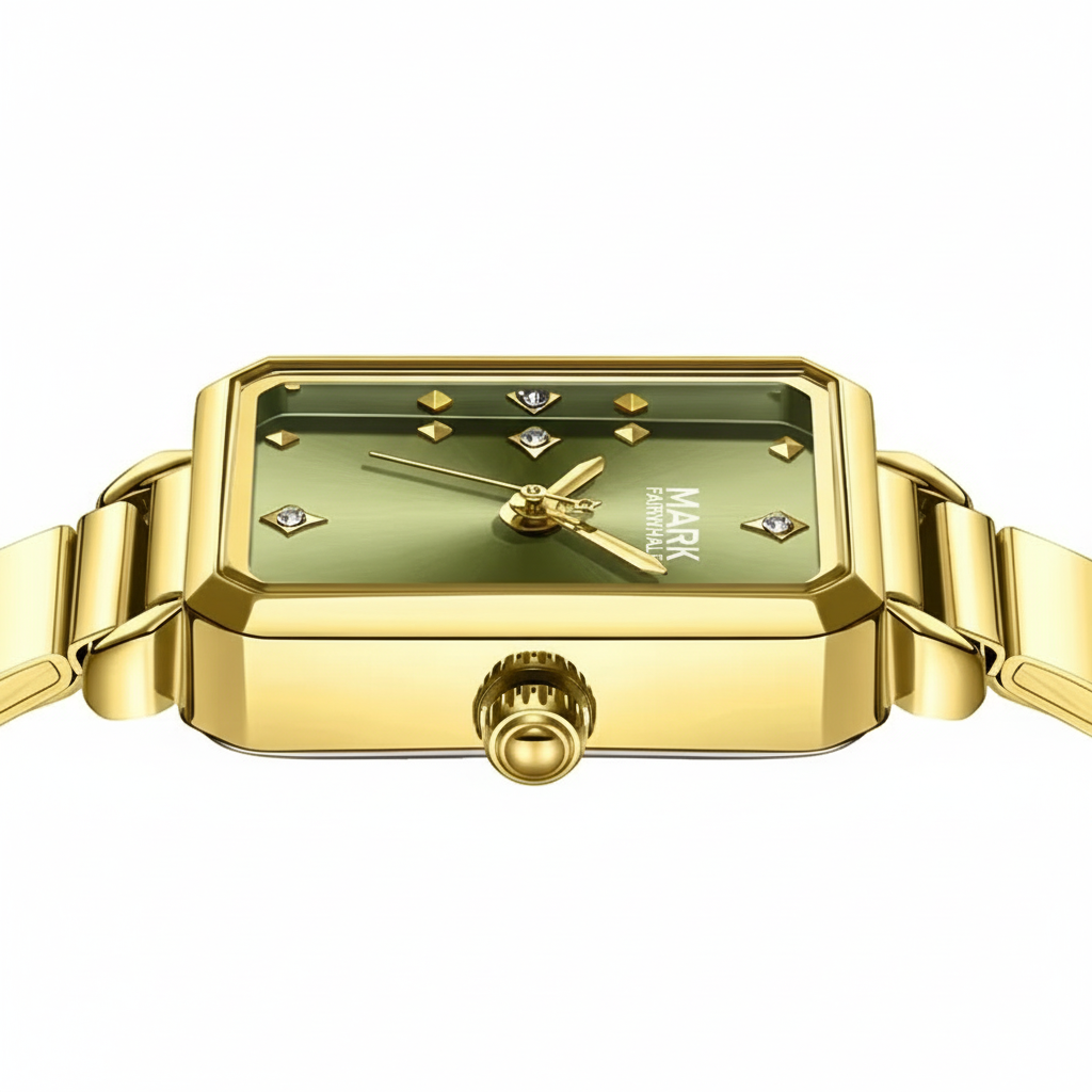 Gold wristwatch with a green face on a white background