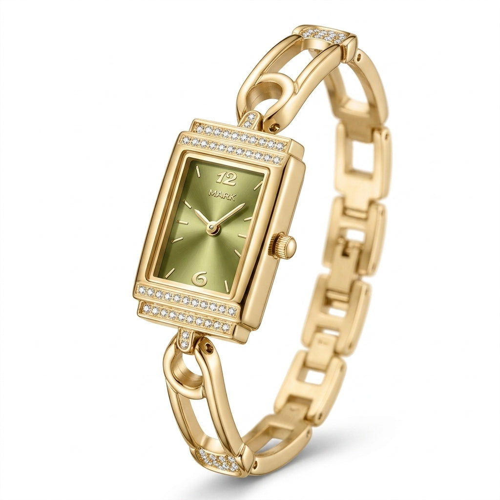 Gold wristwatch with a rectangular face on a white background