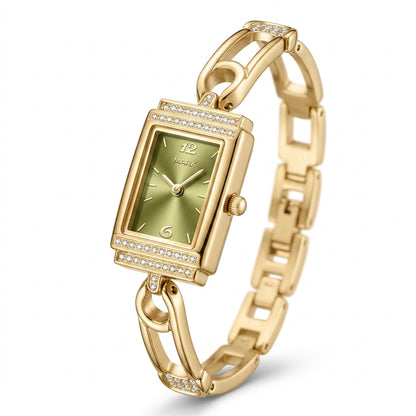 Gold wristwatch with a rectangular face on a white background