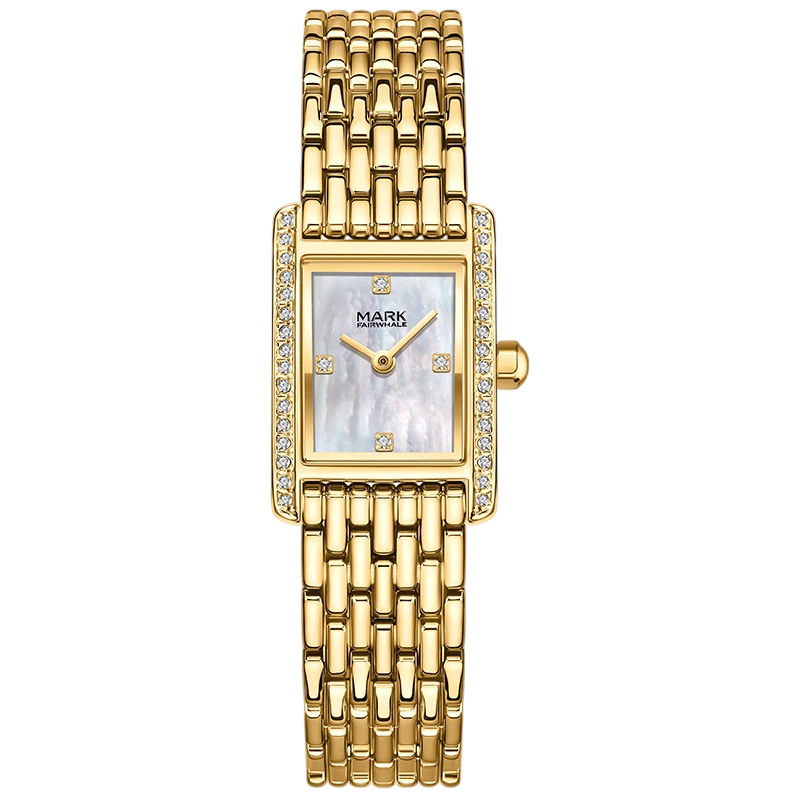 Gold wristwatch with a rectangular face on a white background