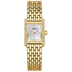 Gold wristwatch with a rectangular face on a white background