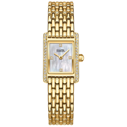 Gold wristwatch with a rectangular face on a white background