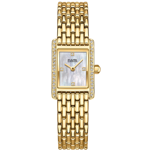 Gold wristwatch with a rectangular face on a white background