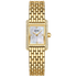 Gold wristwatch with a rectangular face on a white background