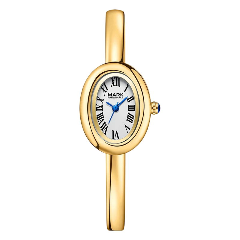 Gold wristwatch with a white face and blue hands on a white background