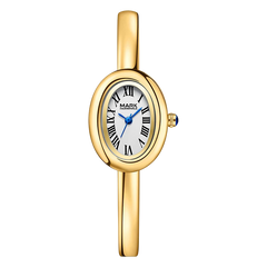 Gold wristwatch with a white face and blue hands on a white background