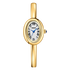 Gold wristwatch with a white face and blue hands on a white background
