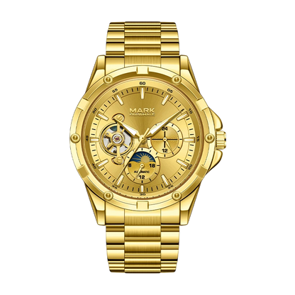 Gold wristwatch with detailed face on a white background
