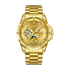 Gold wristwatch with detailed face on a white background
