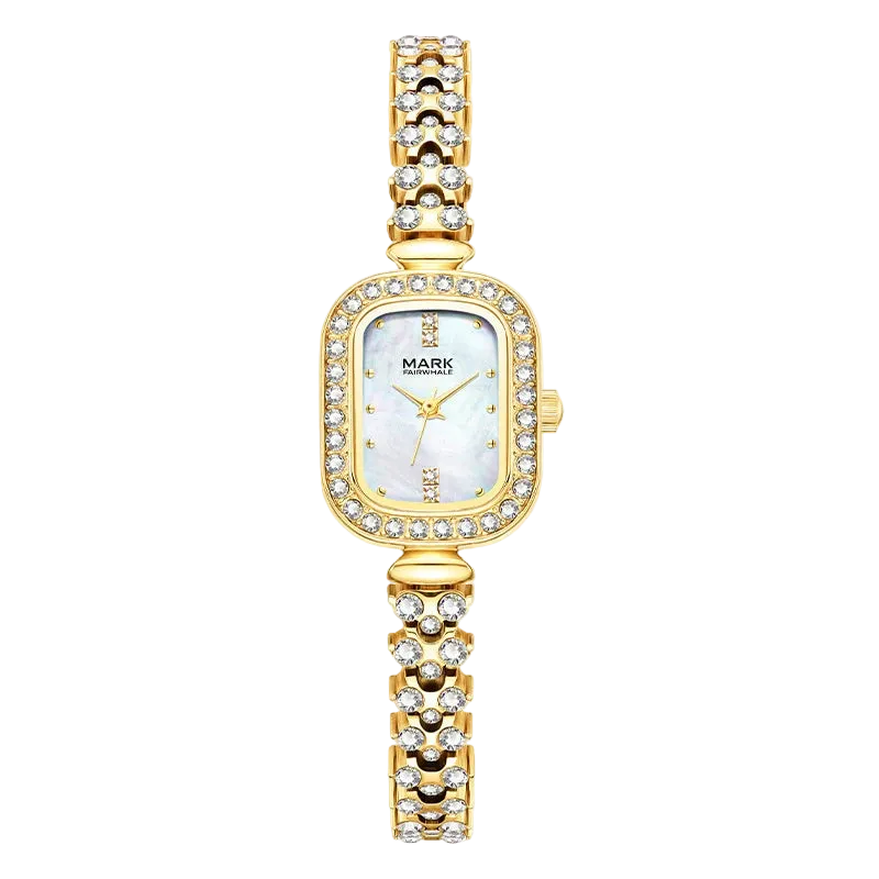 Gold wristwatch with diamond-studded band on a white background