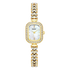 Gold wristwatch with diamond-studded band on a white background