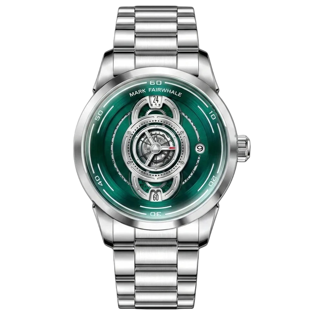 Mark Fairwhale green skeleton watch with silver stainless steel bracelet and exposed mechanical-style dial