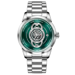 Mark Fairwhale green skeleton watch with silver stainless steel bracelet and exposed mechanical-style dial