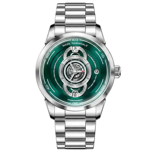 Mark Fairwhale green skeleton watch with silver stainless steel bracelet and exposed mechanical-style dial
