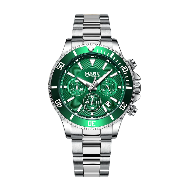 Green watch with silver bracelet on a white background