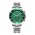 Green watch with silver bracelet on a white background