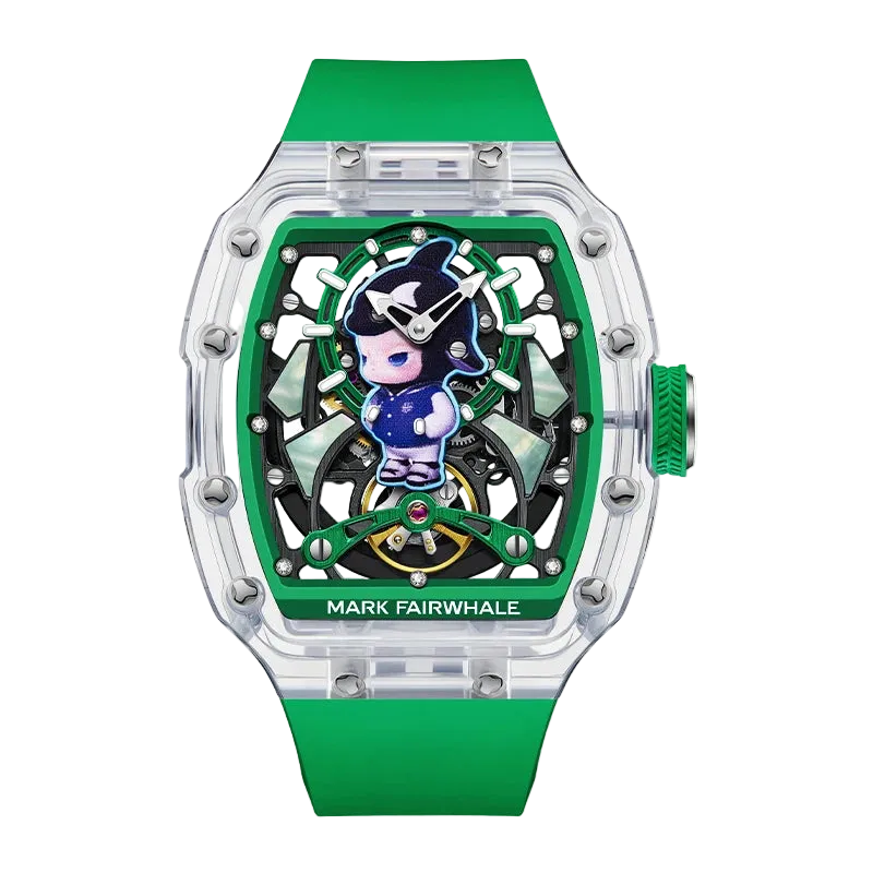 Green watch with a character design on a white background