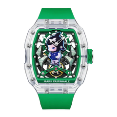 Green watch with a character design on a white background