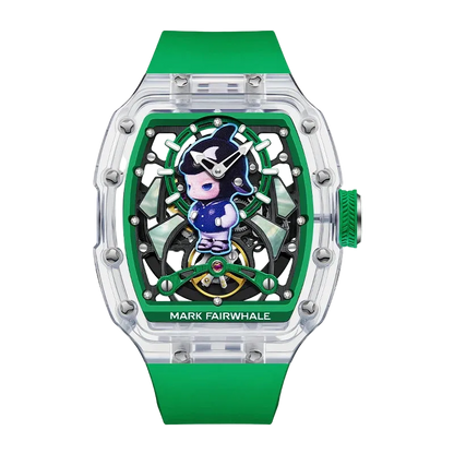 Green watch with a character design on a white background