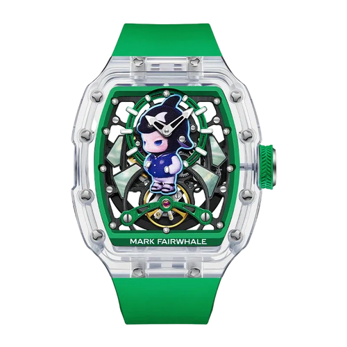 Green watch with a character design on a white background