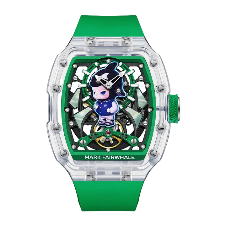 Green watch with a character design on a white background