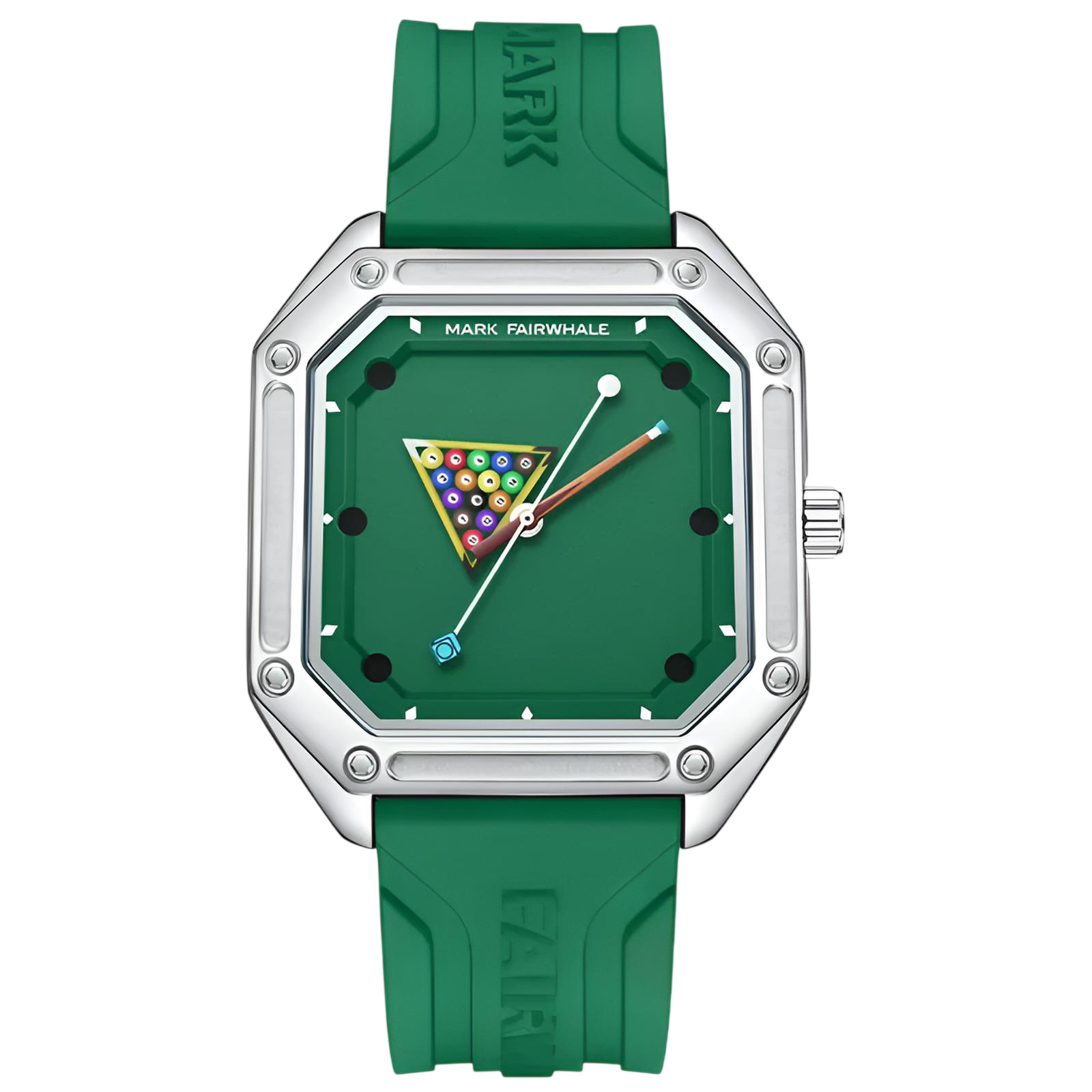 Green watch with a unique face design on a white background