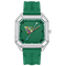 Green watch with a unique face design on a white background
