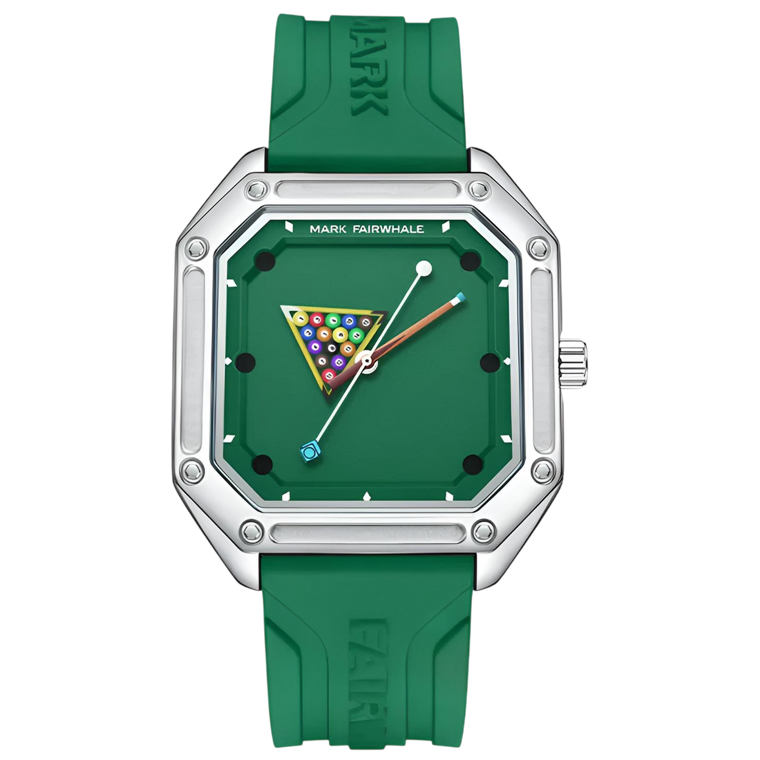 Green watch with a unique face design on a white background