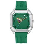 Green watch with a unique face design on a white background
