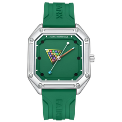 Green watch with a unique face design on a white background