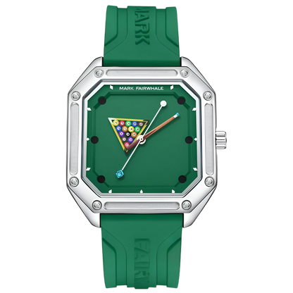 Green watch with a unique face design on a white background
