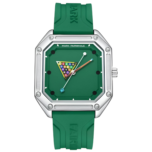 Green watch with a unique face design on a white background