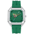 Green watch with a unique face design on a white background