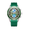Green watch with detailed face on a white background