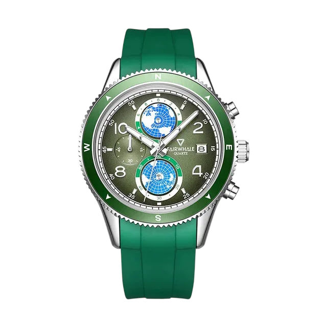 Green watch with detailed face on a white background