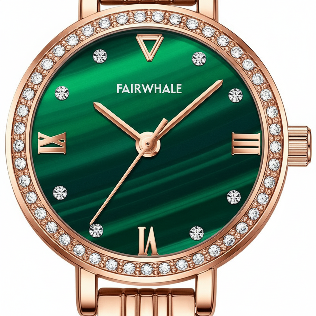 Green watch with rose gold case and diamonds on a white background, brand 'FAIRWHALE' visible.