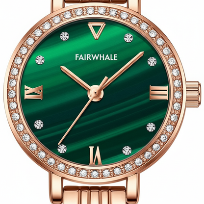 Green watch with rose gold case and diamonds on a white background, brand &